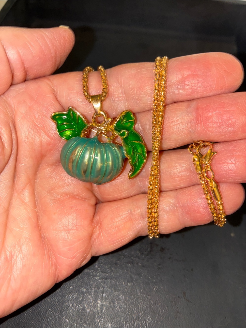Green Enamel Pumpkin Pendant Necklace and Brooch Together In One